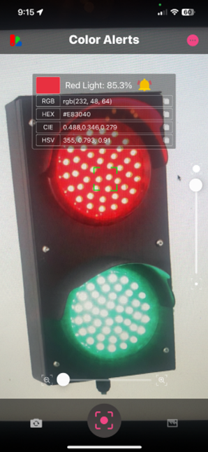 Live detection of a red dock light, reading an 85.3% match