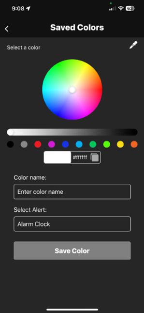 Picking a color from the wheel, then naming it and choosing its alert