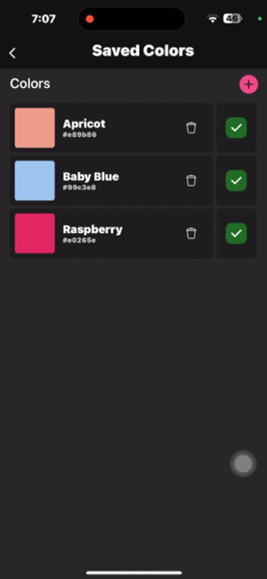 The saved color library with checkboxes