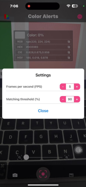 Frame rate and matching threshold settings