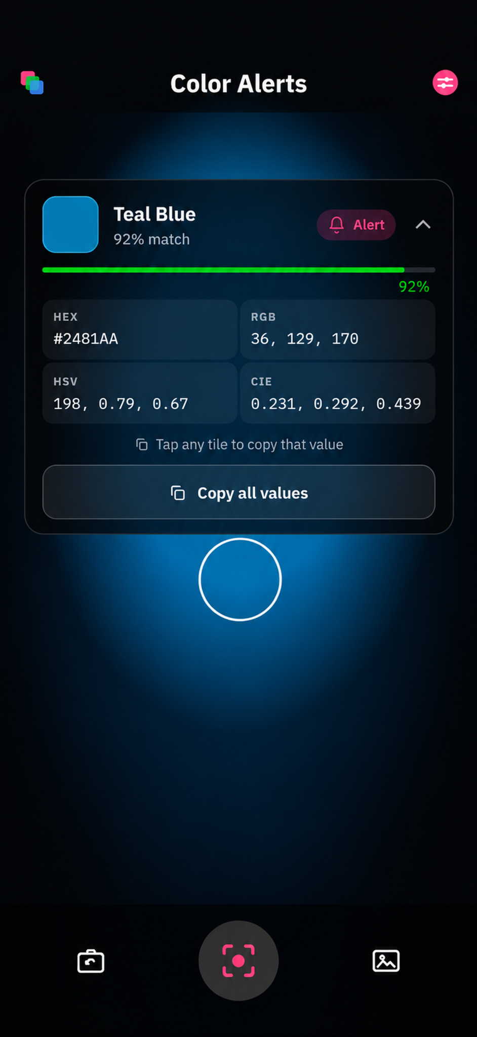 Color Alerts displaying detailed information for a captured color