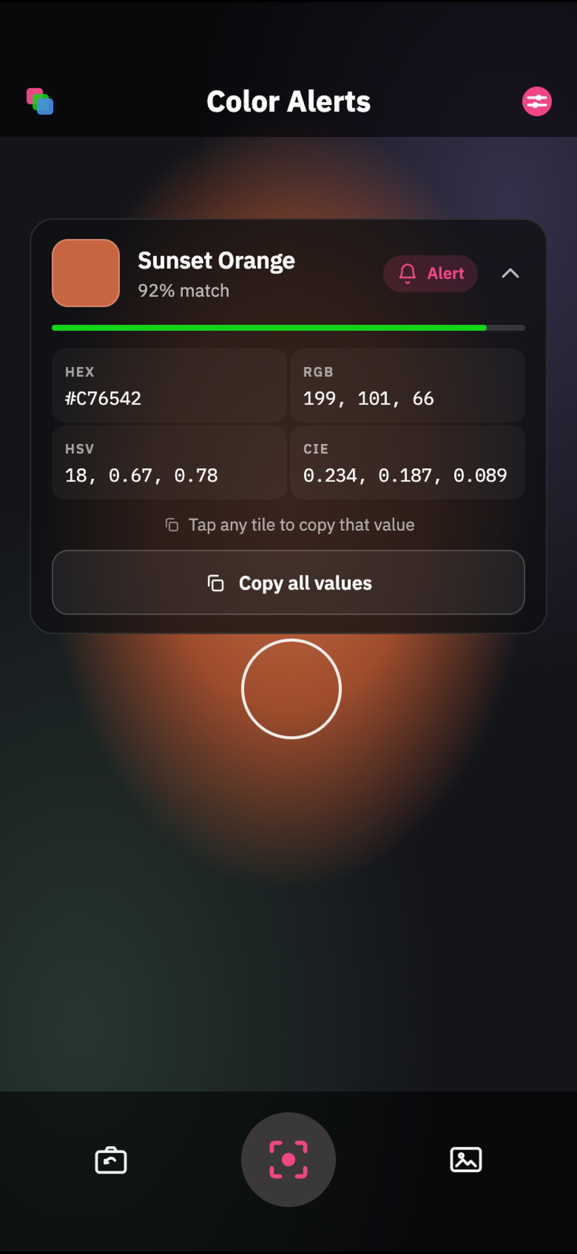 Color Alerts displaying detailed information for a captured color