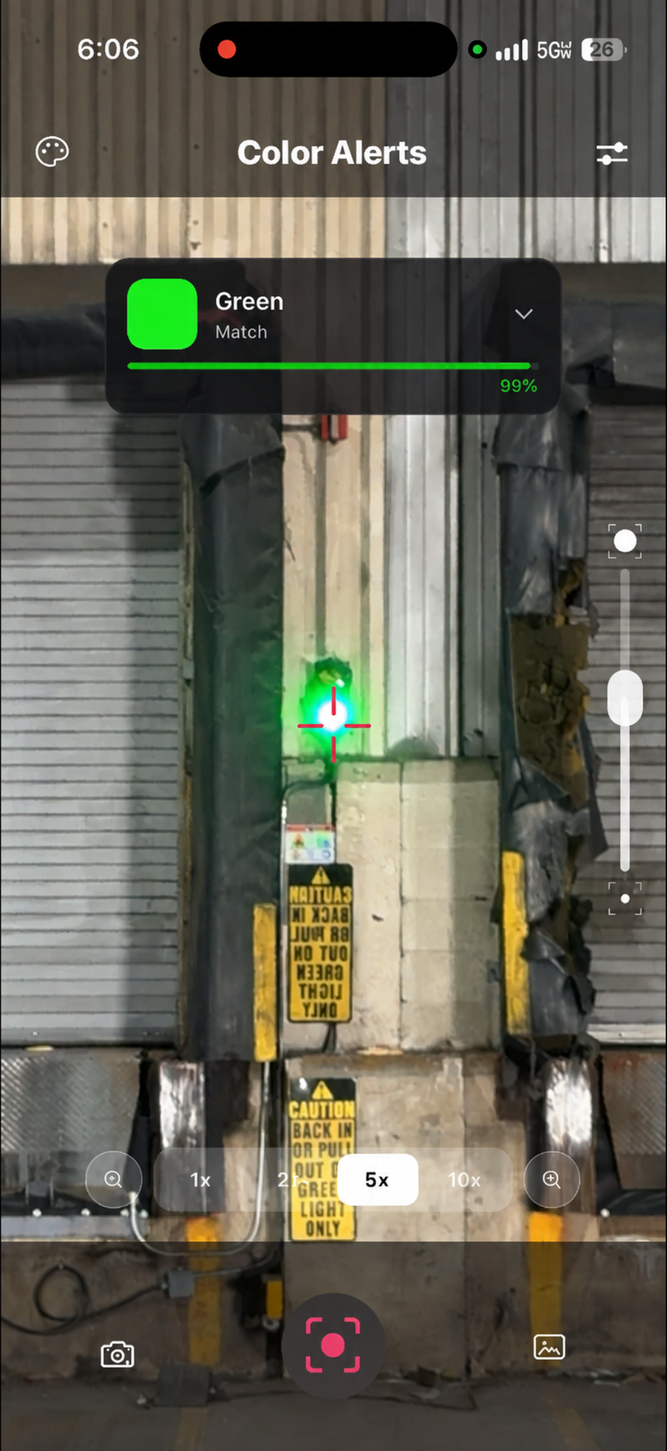 Color Alerts detecting a green loading dock light from inside a truck