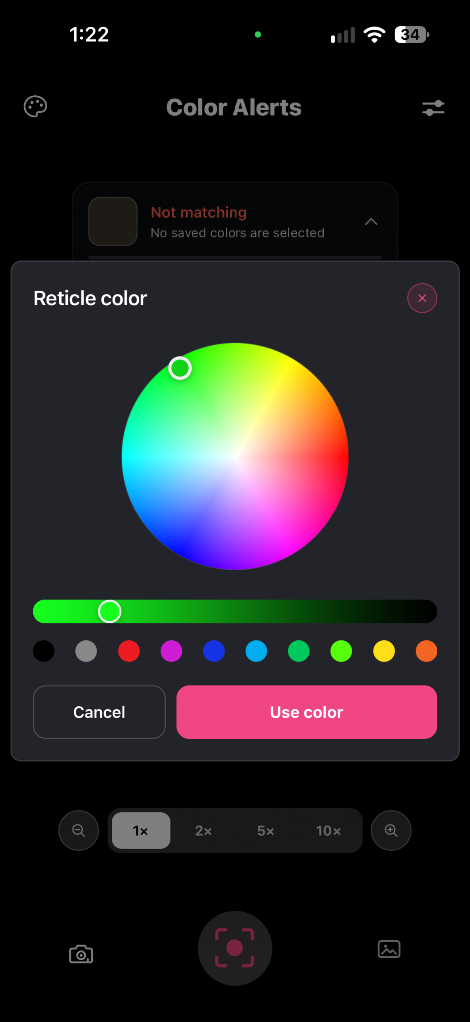 Color Alerts color wheel for customizing the detection reticle