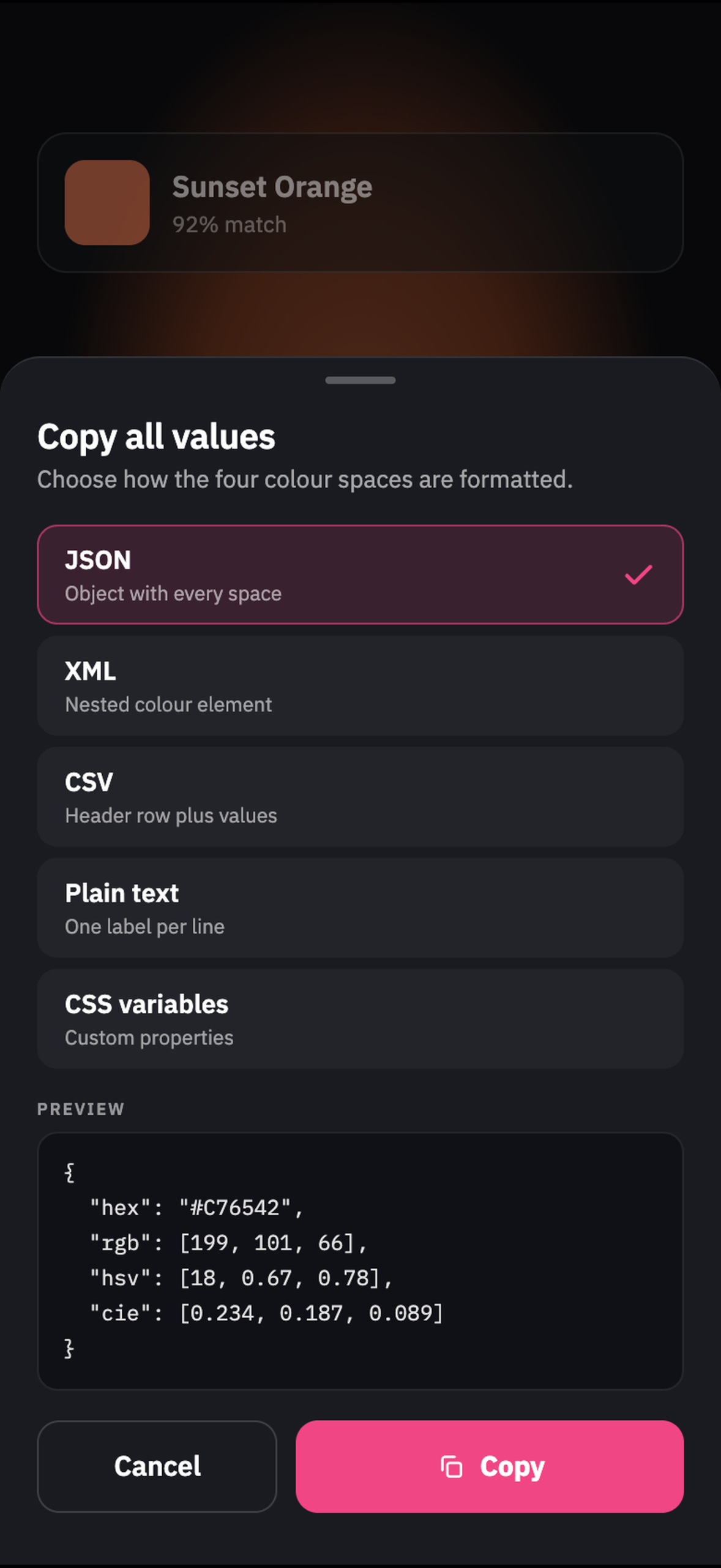 Color Alerts copy and export menu showing JSON, XML, CSV, plain text and CSS variable formats