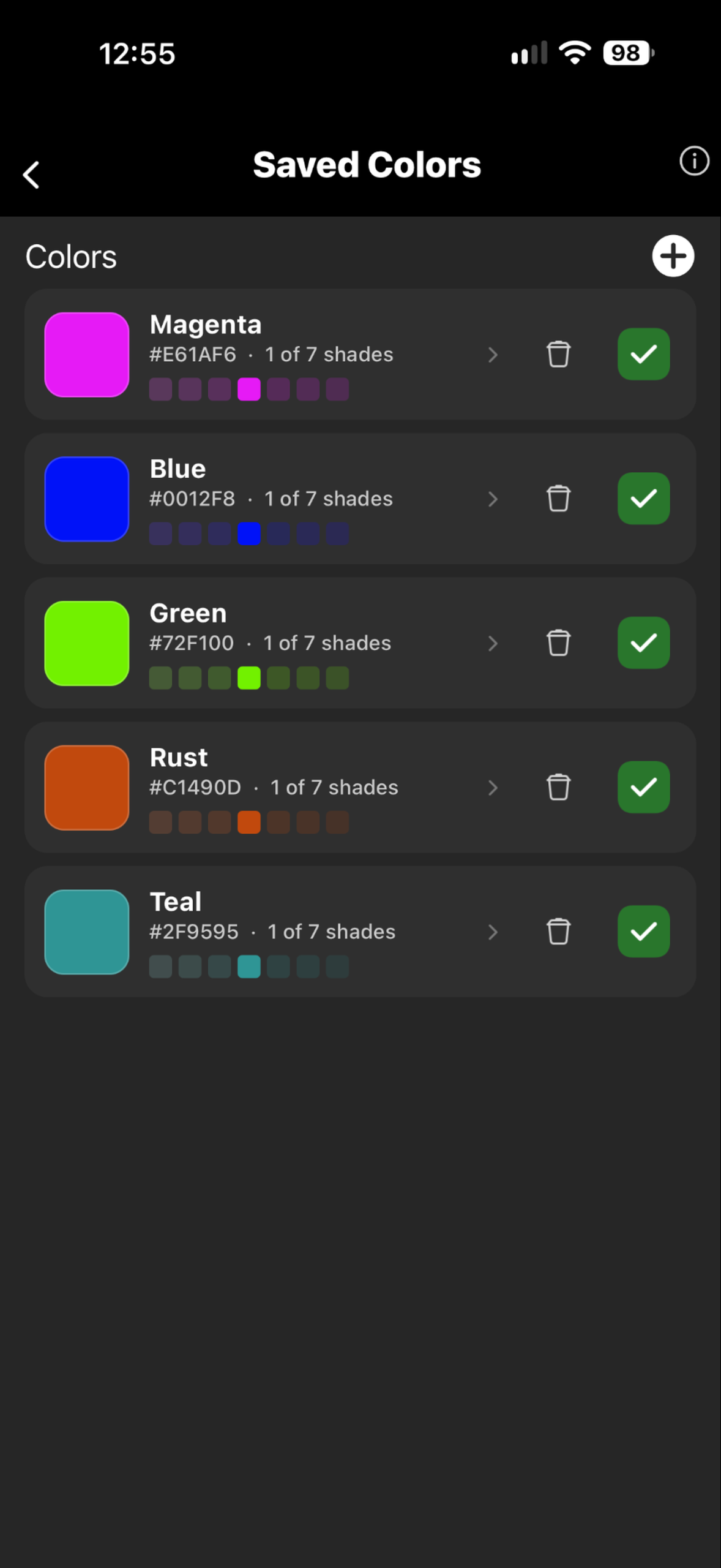 Color Alerts Saved Colors library showing multiple saved colors