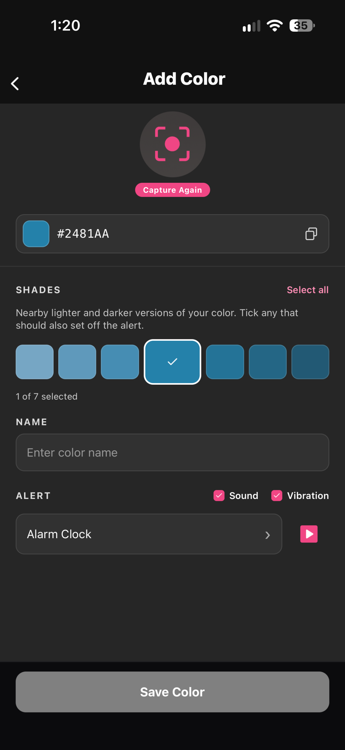 Color Alerts Add Color screen with color shades, name and alert options