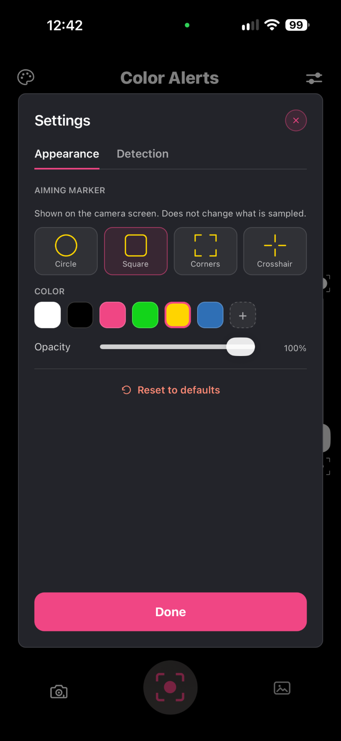 Color Alerts appearance settings for the aiming marker