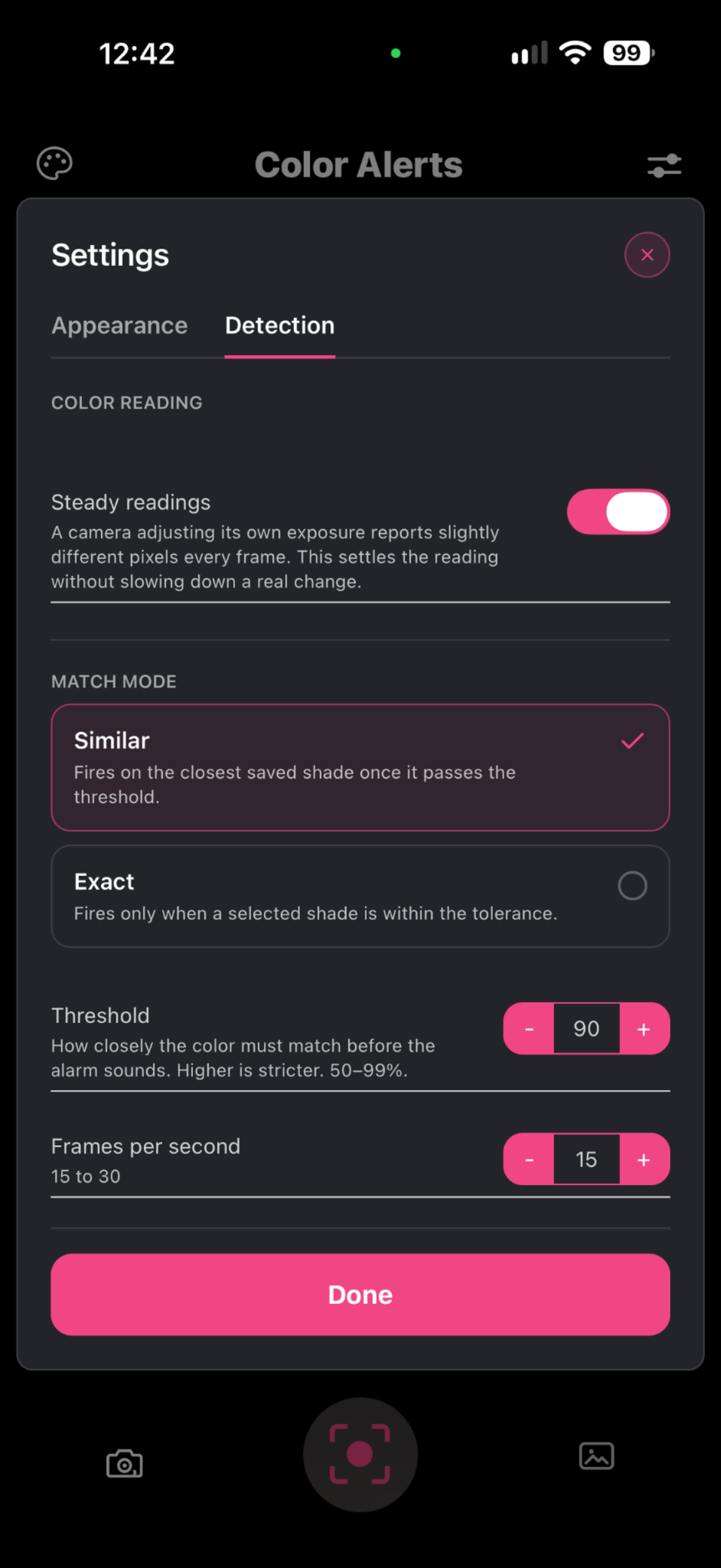 Color Alerts detection settings showing steady readings, matching threshold and frame rate options