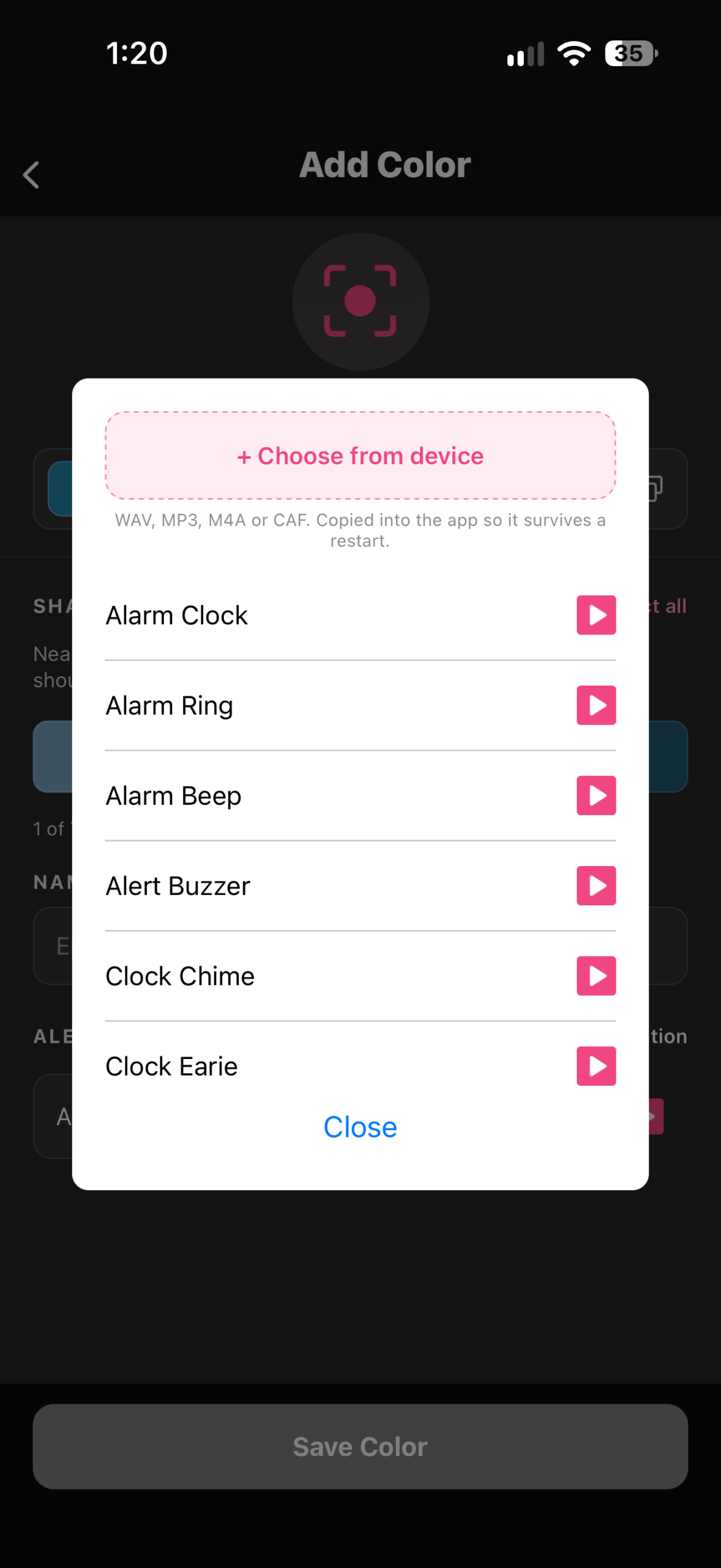 Color Alerts sound selection screen with built-in alerts and device sound option